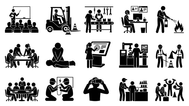 Industrial Workplace Safety, Training, and Business Processes Black and White Glyph Pictograms