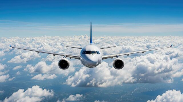 Commercial Airplane Flying Through Clouds: A modern commercial airplane flies high above a sea of fluffy white clouds under a clear blue sky, embodying the freedom and wonder of air travel.