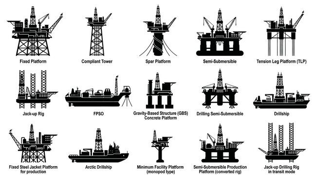 Offshore Oil  Gas Rigs and Production Platforms Types. Energy Industry Black Silhouette Icons Set.