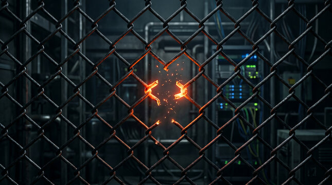 glowing cut chain link fence with sparks in a dark server room depicting a data breach network vulnerability asset compromise and network security failure concept