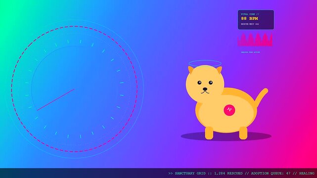 Animal welfare innovation featuring a flat vector cat animation with rhythmic heart rate tracking monitors displayed against a vibrant multi colored gradient background for digital media