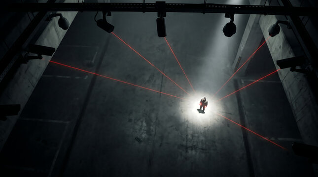 high angle view of multiple cctv security cameras tracking a lone human silhouette with red laser beams under a bright spotlight in a dark dystopian concrete facility