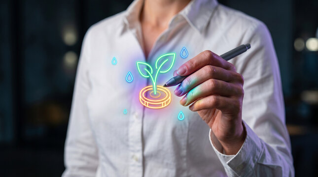 Start up bootstrap business growth green plant coin hand pen digital concept