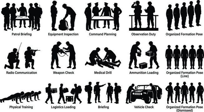Military soldier silhouette. Army patrol briefing, training and weapon check, vector illustration
