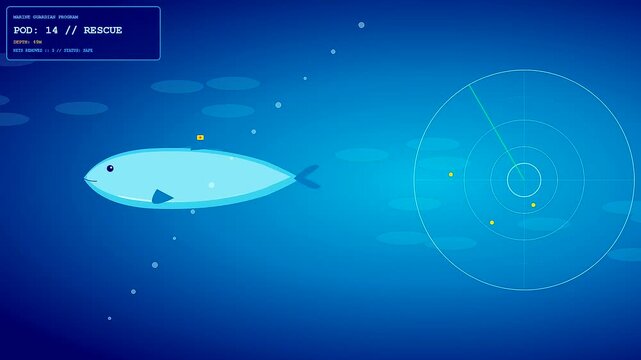 Digital animal welfare innovation visualizes marine navigation radar tracking a luminous blue fish moving through deep azure oceanic waters in a simulated computer monitoring environment