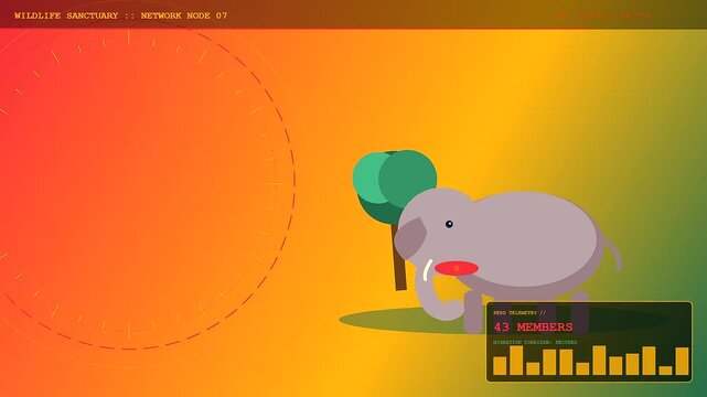 Digital animal welfare innovation visualizes data tracking of species migration patterns presented with a flat graphic aesthetic on a vibrant gradient field for modern ecological research