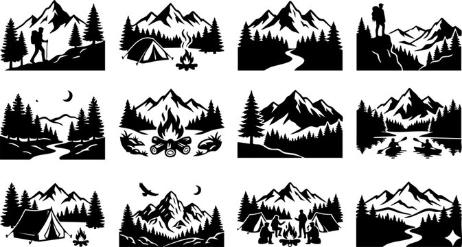 mountain camping and outdoor adventure landscapes silhouette vector icon set
