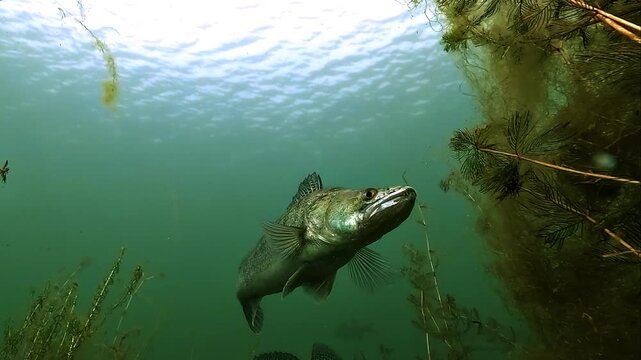 Slow motion low angle approach to a pike perch, zander - Sander lucioperca - in a freshwater lake, highlighting its silver body and caudal fin before it leaves the frame.