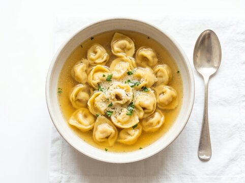 tortellini in brodo soup from top view inside ceramic bowl gourmet minimal style