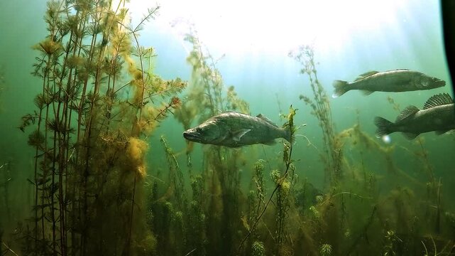 Slow motion approach toward two pike perch, zander - Sander lucioperca - suspended in the water column before they slowly move away from the camera.