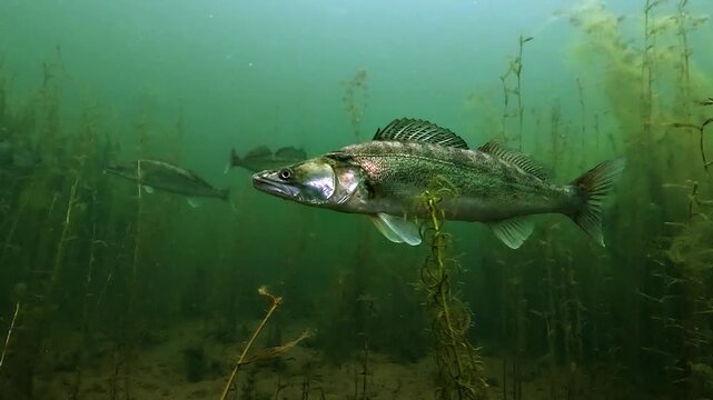 Slow motion front view of pike perch, zander - Sander lucioperca - turning gracefully to reveal its silver coloration in a freshwater habitat filled with aquatic plants.