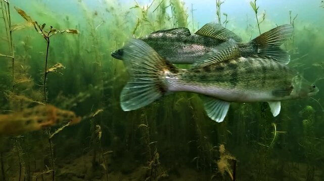 Slow motion side view of pike perch, zander - Sander lucioperca - swimming through aquatic plants before crossing paths with another zander in freshwater habitat.