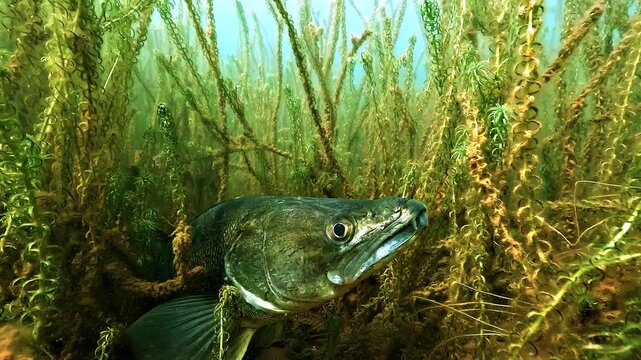 Slow motion close up of pike perch, zander - Sander lucioperca - emerging from aquatic plants, revealing its silver coloration and distinctive fang-like teeth.