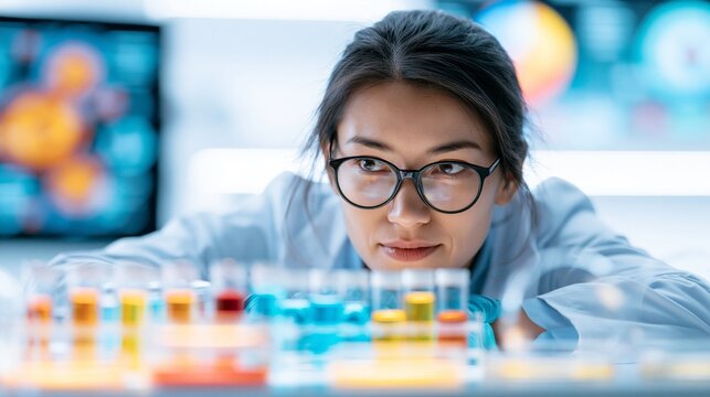 A focused female scientist in a bright laboratory examining colorful vials, petri dishes, and abstract data charts, curious optimistic mood, soft white lighting, medium shot with shallow depth of