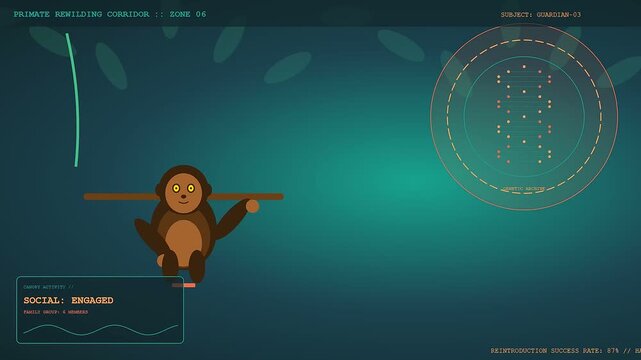 Digital animal welfare innovation visualizes monkey monitoring system with glowing dna diagrams and graphical user interface elements set against a deep teal gradient atmospheric environment