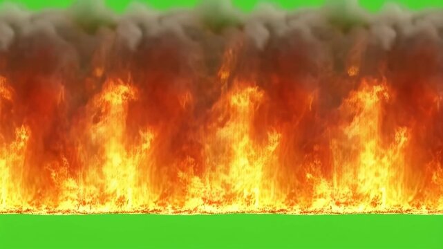 Realistic Wall of Fire Flames Burning on Green Screen Background with Rising Smoke