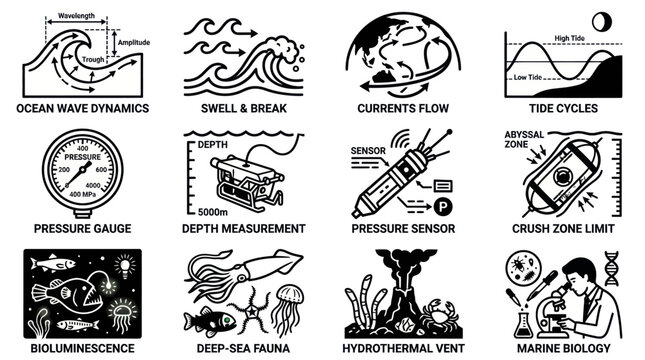 Ocean wave dynamics and deep sea exploration diagrams.