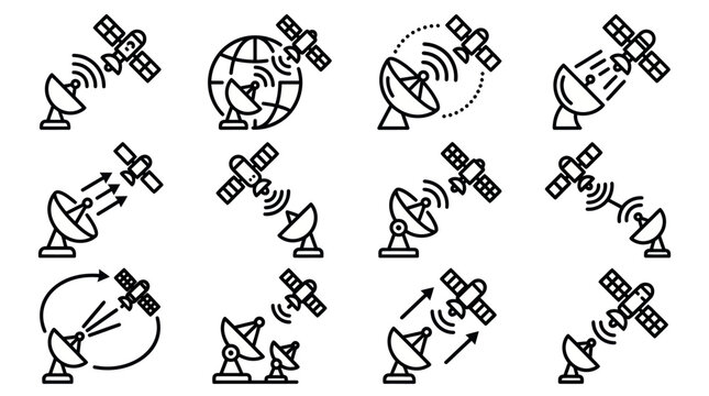 Parabolic antenna and orbital satellite outline icons.