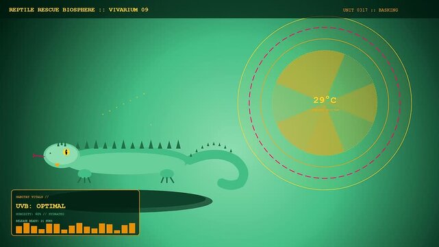 Animal welfare innovation appears in this digital display featuring a green lizard within a monitoring interface tracking temperature statistics and vital status in a virtual enclosure