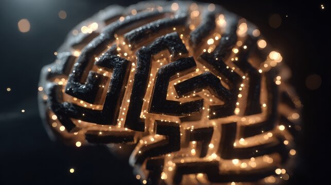 Abstract AI brain visualization with neon circuit maze and glowing particles, minimal dark background, modern digital concept, sharp focus and cinematic lighting