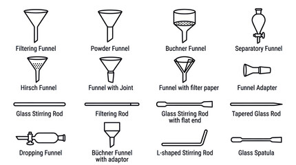Scientific laboratory glassware funnels and stirring rods set. © Alip