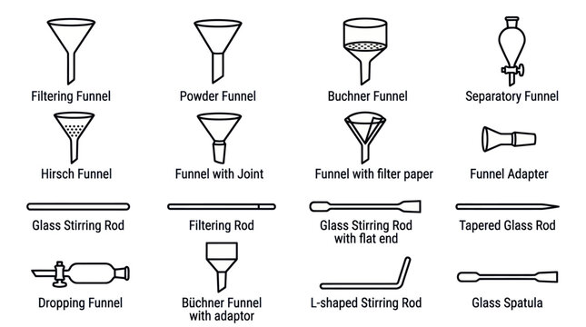 Scientific laboratory glassware funnels and stirring rods set.