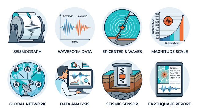 Seismology data analysis and earthquake reporting illustrations.