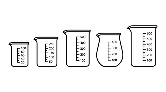 Set of glass laboratory beakers with measurement scales.
