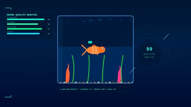 Digital animal welfare innovation visualizes data metrics while an orange fish swims through a glowing glass aquarium container featuring changing numbers and colorful neon plant elements
