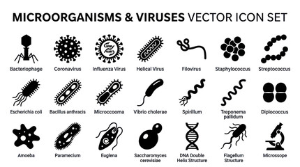 Microorganisms bacteria and viruses microbiology icons set. © Alip