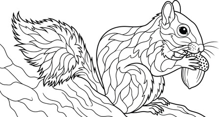 Cute squirrel eating an acorn in a detailed artistic line art drawing for coloring book page © Itz Rakesh