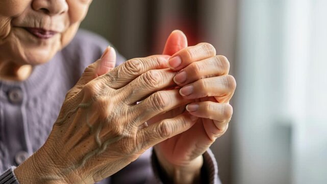 Elderly Woman's Hand Pain: Close-up of an elderly woman's hands showing signs of arthritis or joint pain, with a visible red inflamed knuckle.