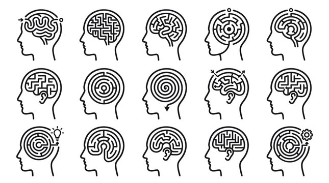 Minimalist brain maze and labyrinth line icons set.
