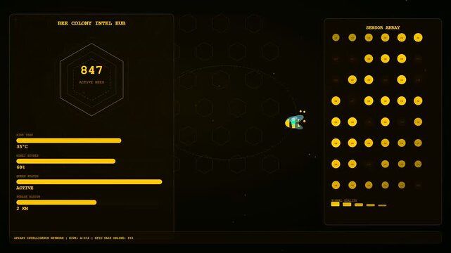 A digital animal welfare innovation display showing glowing amber charts and icons monitoring honey bee health and hive population metrics across a cinematic dark interface