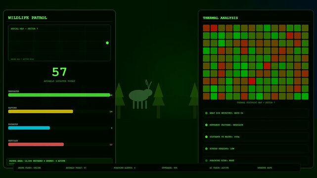 Digital animal welfare innovation display showing tracking graphs and grid heat maps for monitoring wild species populations in forested terrain through a computer interface screen