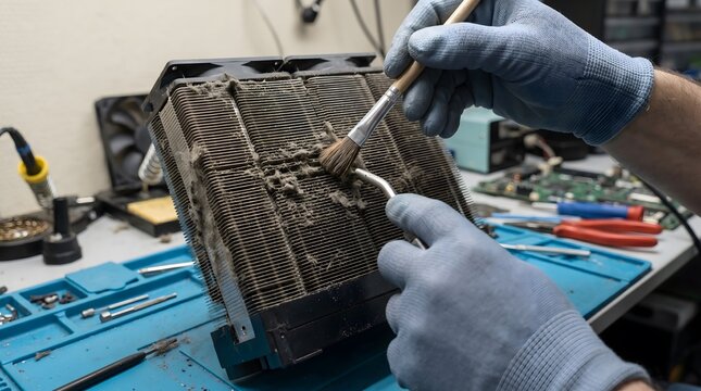 Technician cleaning dusty electronic component with brush, technology repair and maintenance macro close-up, technology detail, industrial background
