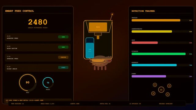 Digital displays showcasing animal welfare innovation monitor pet nutritional metrics and feeding schedules in a dark interface with glowing progress bars and numerical system data readouts