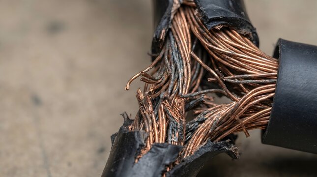 Damaged electrical cable, exposed copper wire, danger and hazard macro close-up, technology detail, industrial background