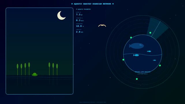 Digital displays showcasing animal welfare innovation monitor underwater habitats with aquatic life tracking interfaces showing frogs and fish in a dark blue simulated electronic ecosystem environment