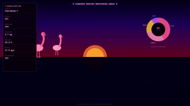 Animal welfare innovation appears in this cinematic digital display of flamingo population monitoring with graphical interface elements shown during a serene sunset at the horizon
