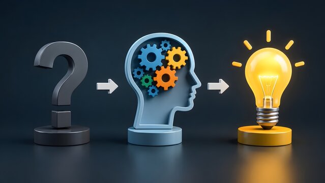 Strategic Brainstorming Concept Featuring Mental Processing Gears Transforming Questions into Innovative Solutions