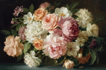 Obraz premium Delicate floral oil painting featuring a vase with blooming roses, peonies, and other flowers on a dark background