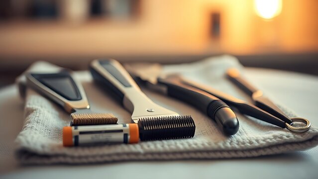 clippers. Barber tools neatly arranged on a clean towel in a warmly lit salon. lifestyle magazines, social media lookbooks, designed for lifestyle magazines and social media content.
