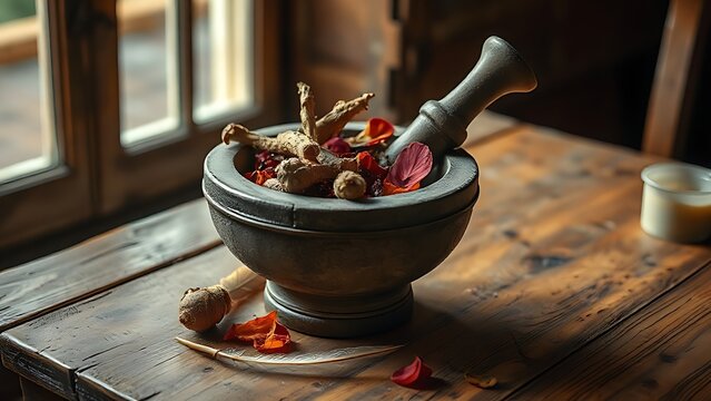 mandrake. Stone mortar with mandrake roots and petals on a wooden table. event programs, museum guides, designed for cultural heritage projects and event programs, elevates cultural identity.