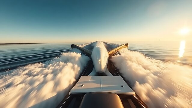 wakeboarder. A wakeboarder's view from behind a speedboat on a blue lake during golden hour. event key visuals, club posters, designed for fitness apps and gym onboarding, used by event planners.