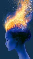 Obraz premium Concept of innovation and creativity with an abstract representation of a human brain emitting vibrant fire and light. Ideal for use in marketing, education, and artistic projects focused on