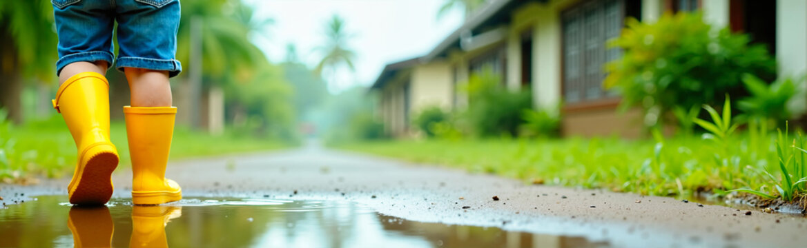 Child in bright yellow rubber boots stepping into a reflective puddle. Close up of kid legs walking on a wet paved path in a tropical neighborhood