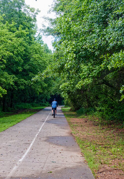 Cyclist on the Forsyth County Greenway Trail Through Summer Hardwood Canopy Near Fowler Park in Cumming, Georgia