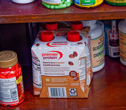 Premier Protein Cafe Latte Shake Four-Pack on Home Supplement Shelf