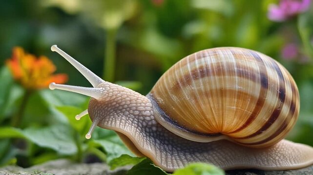 Macro photograph of a common garden snail with a patterned spiral shell crawling slowly over green leaves in a lush natural flower garden setting